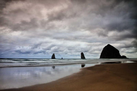 Oregon, Cannon Beach Haystack Rock at low tide Black Ornate Wood Framed Art Print with Double Matting by Carter, Jean