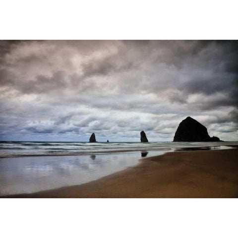 Oregon, Cannon Beach Haystack Rock at low tide Black Modern Wood Framed Art Print by Carter, Jean