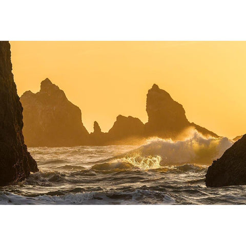 Oregon-Bandon Beach-sunset-crashing waves Black Modern Wood Framed Art Print by Jaynes Gallery