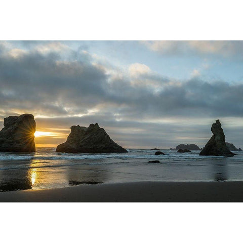 Oregon-Bandon Beach Wizards Hat and other formations at sunset  Black Modern Wood Framed Art Print by Jaynes Gallery