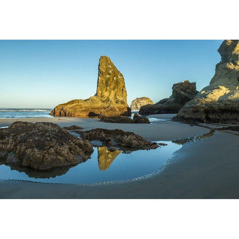 Oregon-Bandon Beach Rock formations and reflection in beach water  Black Modern Wood Framed Art Print by Jaynes Gallery