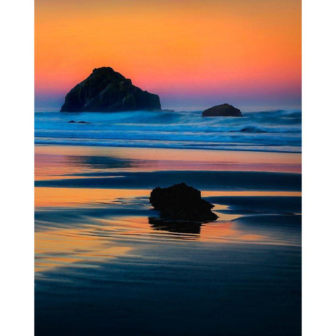 Oregon-Bandon Face Rock sea stack at sunset Black Modern Wood Framed Art Print by Jaynes Gallery