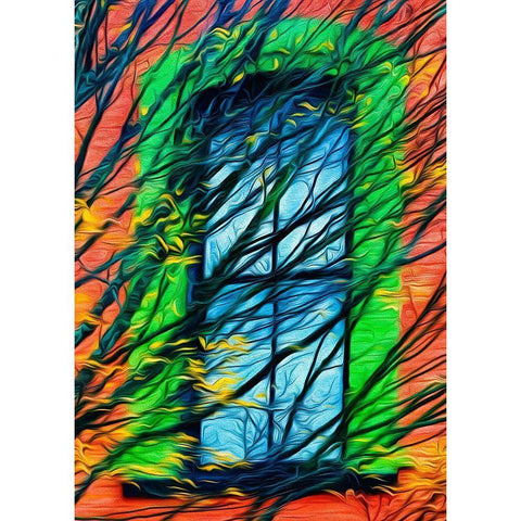 Oregon-Silverton Abstract of autumn leaves and building window Black Modern Wood Framed Art Print by Jaynes Gallery