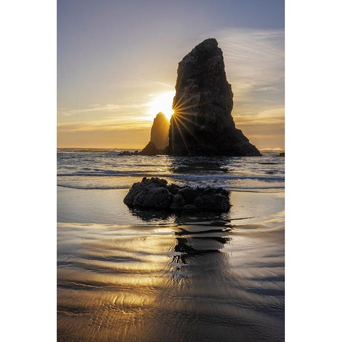 Haystack Rock Pinnacles at low tide in Cannon Beach-Oregon-USA Black Modern Wood Framed Art Print with Double Matting by Haney, Chuck