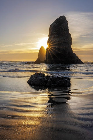 Haystack Rock Pinnacles at low tide in Cannon Beach-Oregon-USA Black Ornate Wood Framed Art Print with Double Matting by Haney, Chuck