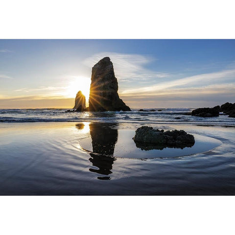 Haystack Rock Pinnacles at low tide in Cannon Beach-Oregon-USA White Modern Wood Framed Art Print by Haney, Chuck
