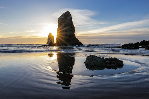 Haystack Rock Pinnacles at low tide in Cannon Beach-Oregon-USA White Modern Wood Framed Art Print with Double Matting by Haney, Chuck