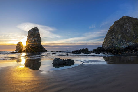 Haystack Rock Pinnacles at low tide in Cannon Beach-Oregon-USA Black Ornate Wood Framed Art Print with Double Matting by Haney, Chuck