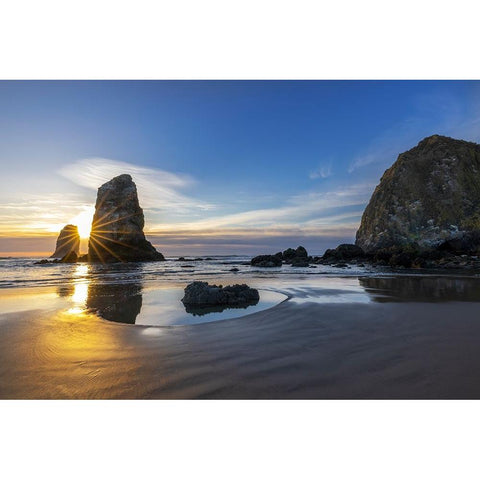 Haystack Rock Pinnacles at low tide in Cannon Beach-Oregon-USA Black Modern Wood Framed Art Print by Haney, Chuck
