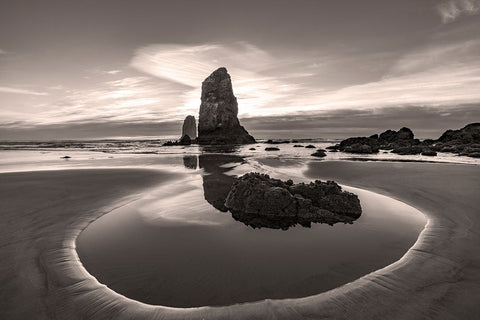 Haystack Rock Pinnacles at low tide in Cannon Beach-Oregon-USA Black Ornate Wood Framed Art Print with Double Matting by Haney, Chuck