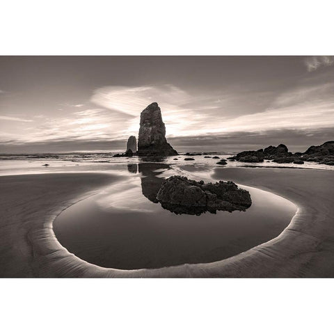 Haystack Rock Pinnacles at low tide in Cannon Beach-Oregon-USA Black Modern Wood Framed Art Print with Double Matting by Haney, Chuck
