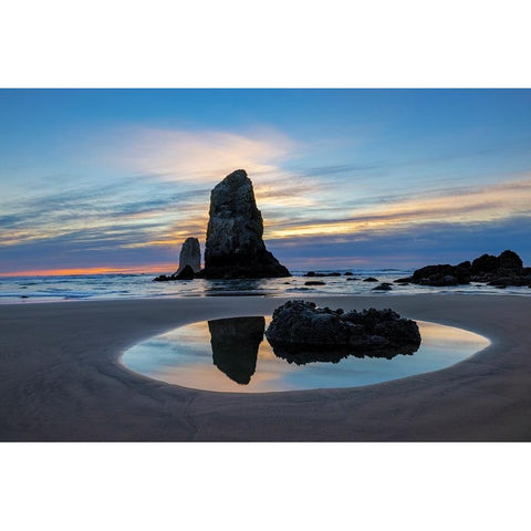 Haystack Rock Pinnacles at low tide in Cannon Beach-Oregon-USA Gold Ornate Wood Framed Art Print with Double Matting by Haney, Chuck
