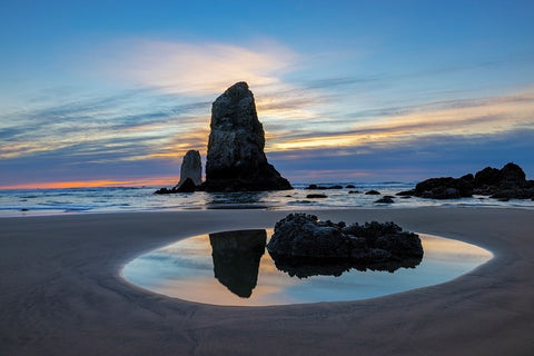 Haystack Rock Pinnacles at low tide in Cannon Beach-Oregon-USA Black Ornate Wood Framed Art Print with Double Matting by Haney, Chuck