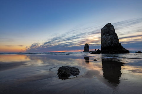 Haystack Rock Pinnacles at low tide in Cannon Beach-Oregon-USA Black Ornate Wood Framed Art Print with Double Matting by Haney, Chuck