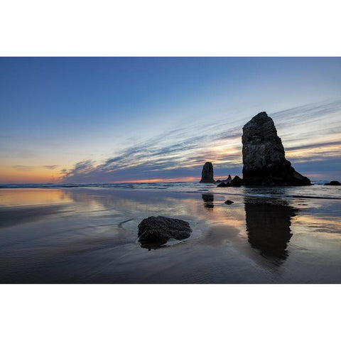 Haystack Rock Pinnacles at low tide in Cannon Beach-Oregon-USA Black Modern Wood Framed Art Print by Haney, Chuck