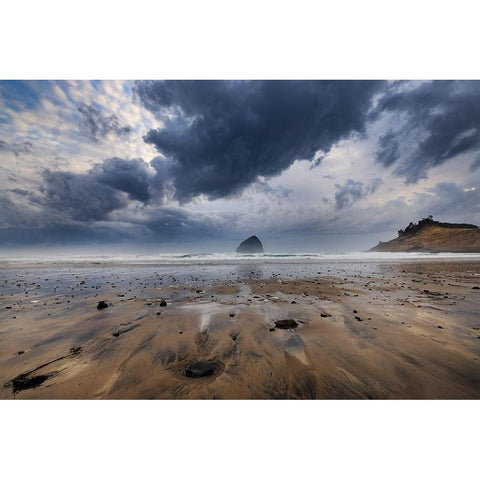 Storm clouds at low tide on beach at Cape Kiwanda in Pacific City-Oregon-USA White Modern Wood Framed Art Print by Haney, Chuck