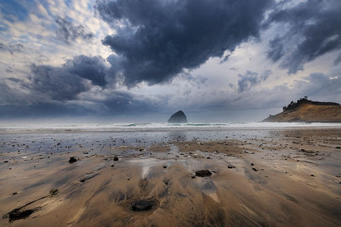 Storm clouds at low tide on beach at Cape Kiwanda in Pacific City-Oregon-USA Black Ornate Wood Framed Art Print with Double Matting by Haney, Chuck