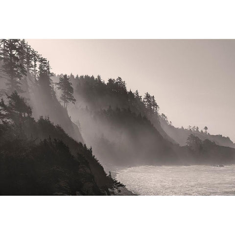 Sea mist rises along Indian Beach at Ecola State Park in Cannon Beach-Oregon-USA Black Modern Wood Framed Art Print by Haney, Chuck