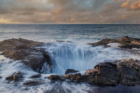 USA- Oregon- Cape Perpetua and Thors Well at sunset. Black Modern Wood Framed Art Print by Gulin, Darrell