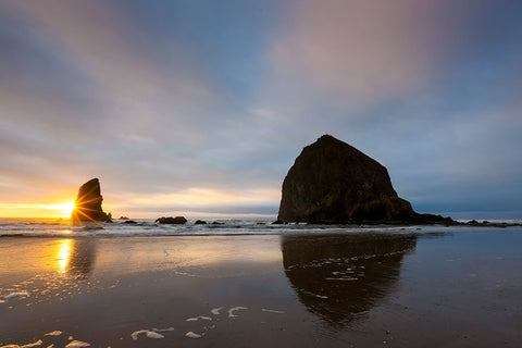 USA- Oregon. Cannon Beach and Haystack Rock at sunset Black Ornate Wood Framed Art Print with Double Matting by Gulin, Darrell