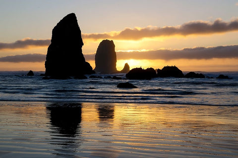 USA- Oregon. Cannon Beach and Haystack Rock at sunset Black Ornate Wood Framed Art Print with Double Matting by Gulin, Darrell