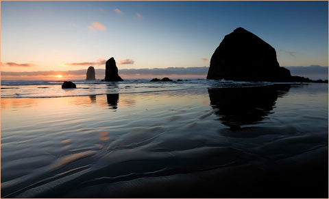 USA- Oregon. Cannon Beach and Haystack Rock at sunset Black Ornate Wood Framed Art Print with Double Matting by Gulin, Darrell