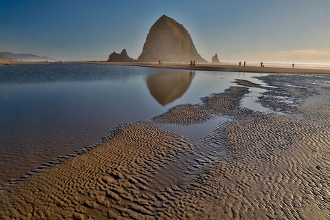 USA- Oregon. Cannon Beach with Haystack near sunset and low tide. White Modern Wood Framed Art Print with Double Matting by Gulin, Darrell
