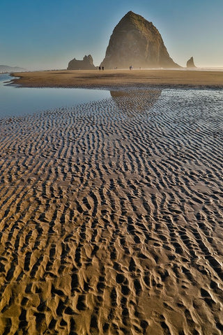 USA- Oregon. Cannon Beach with Haystack near sunset and low tide. Black Modern Wood Framed Art Print by Gulin, Darrell