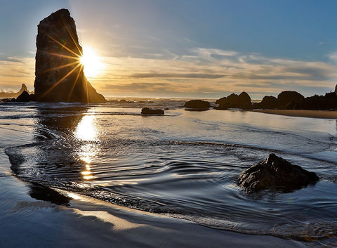 USA- Oregon. Cannon Beach low tide and ripples in the sand and sea stacks at sunset. Black Modern Wood Framed Art Print by Gulin, Darrell