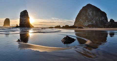USA- Oregon. Cannon Beach with Haystack near sunset and low tide. White Modern Wood Framed Art Print with Double Matting by Gulin, Darrell