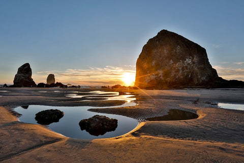 USA- Oregon. Cannon Beach with Haystack near sunset and low tide. White Modern Wood Framed Art Print with Double Matting by Gulin, Darrell