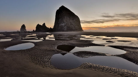 USA- Oregon. Cannon Beach with Haystack near sunset and low tide. Black Ornate Wood Framed Art Print with Double Matting by Gulin, Darrell