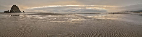 USA- Oregon. Cannon Beach and panorama of Haystack at sunset and low tide. Black Modern Wood Framed Art Print by Gulin, Darrell