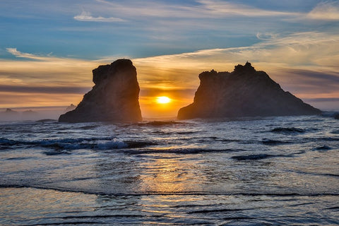 Usa-Oregon-Bandon Bandon Beach-Sunset at the Beach Black Ornate Wood Framed Art Print with Double Matting by Looney, Hollice