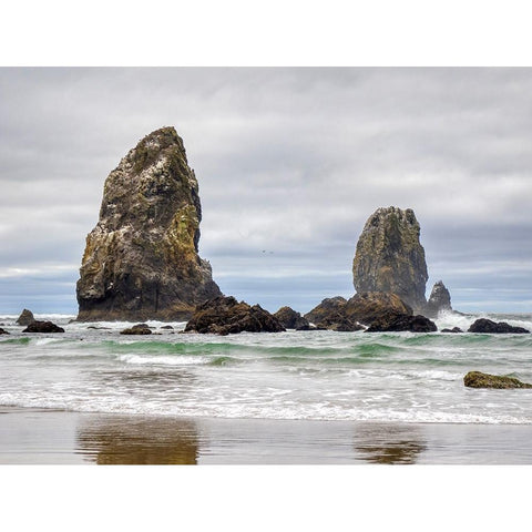 Oregon-Cannon Beach Needle Seastack-stormy sky White Modern Wood Framed Art Print by Wild, Jamie and Judy