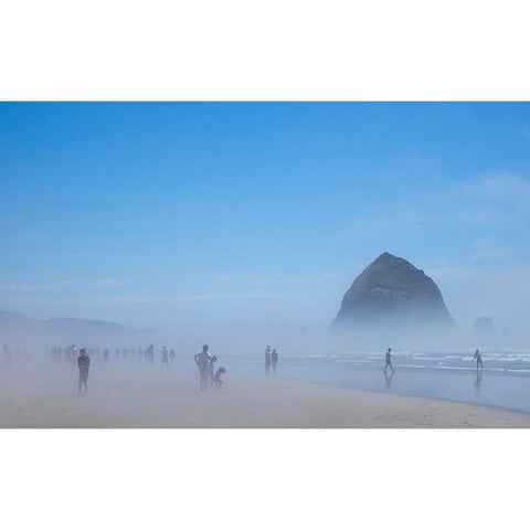 Oregon-Cannon Beach Haystack Rock-beachgoers in fog White Modern Wood Framed Art Print by Wild, Jamie and Judy