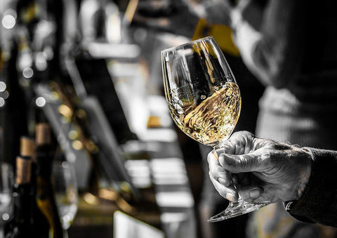 Oregon-Portland White wine swirl in glass at Portland wine tasting event White Modern Wood Framed Art Print with Double Matting by Duval, Richard