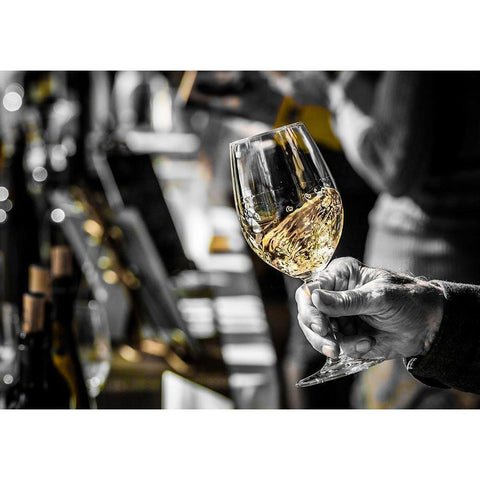 Oregon-Portland White wine swirl in glass at Portland wine tasting event White Modern Wood Framed Art Print by Duval, Richard