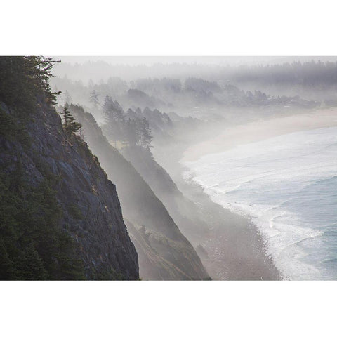 Oregon-Oswald West State Park and cliff bluffs looking towards Manzanita with lifting fog Black Modern Wood Framed Art Print with Double Matting by Gulin, Sylvia