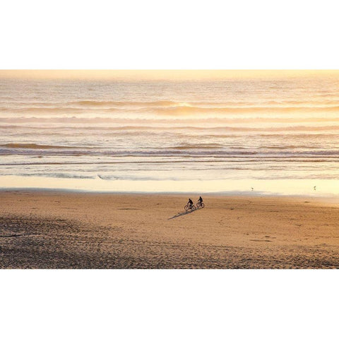 Oregon-Cape Arch with two riding bikes on the beach in the evening light Black Modern Wood Framed Art Print by Gulin, Sylvia