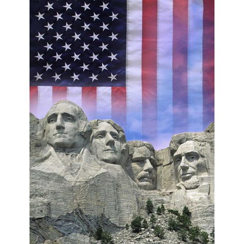 South Dakota American flag and Mt Rushmore NM Gold Ornate Wood Framed Art Print with Double Matting by Flaherty, Dennis