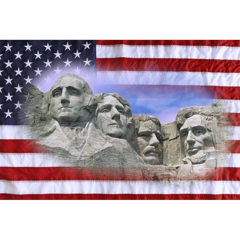 South Dakota American flag and Mt Rushmore NM Gold Ornate Wood Framed Art Print with Double Matting by Flaherty, Dennis