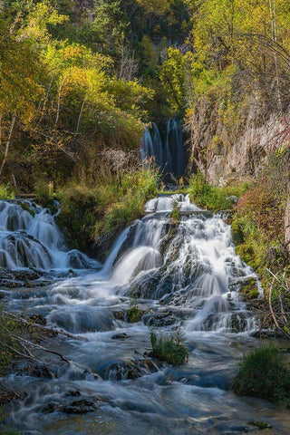 Vertical scenic of Roughlock Falls and autumn foliage-Spearfish Canyon-South Dakota-Black Hills White Modern Wood Framed Art Print with Double Matting by Garber, Howie