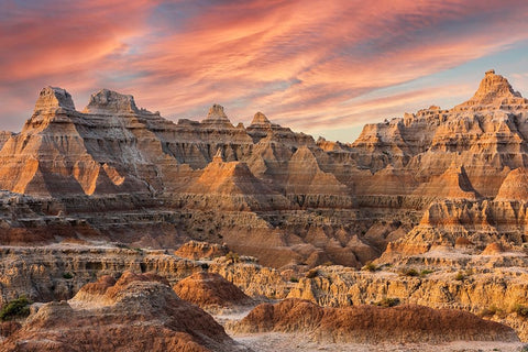 Magnificent set of striated hoodoos set against the backdrop of sunset colors in the sky White Modern Wood Framed Art Print with Double Matting by Haddad, Sheila