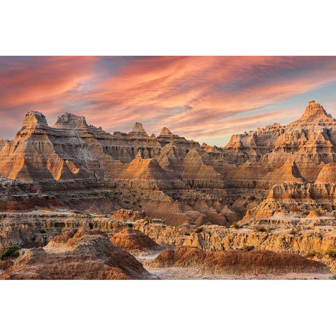 Magnificent set of striated hoodoos set against the backdrop of sunset colors in the sky Black Modern Wood Framed Art Print by Haddad, Sheila