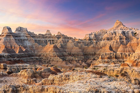 Magnificent set of striated hoodoos set against the backdrop of sunset colors in the sky White Modern Wood Framed Art Print with Double Matting by Haddad, Sheila