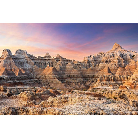 Magnificent set of striated hoodoos set against the backdrop of sunset colors in the sky Black Modern Wood Framed Art Print by Haddad, Sheila