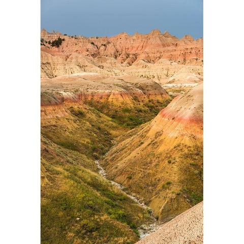 The grassy valley with dry creek is fed by the run off of the hoodoos lining the side Black Modern Wood Framed Art Print by Haddad, Sheila