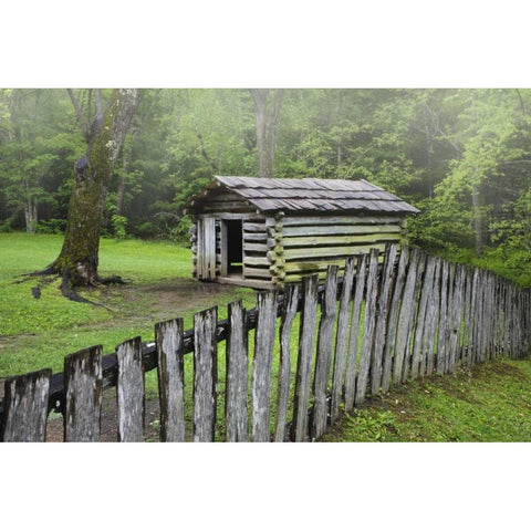 TN, Great Smoky Mts Fence and abandoned cabin Black Modern Wood Framed Art Print with Double Matting by Flaherty, Dennis