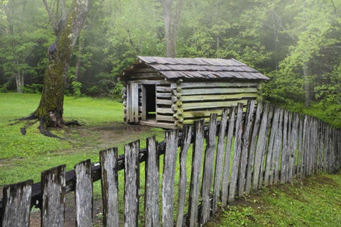 TN, Great Smoky Mts Fence and abandoned cabin White Modern Wood Framed Art Print with Double Matting by Flaherty, Dennis